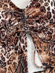 Soleia Women's Vacation Leopard Print Drawstring Ruched Front Tie Neck Camisole - Multicolor - View 6
