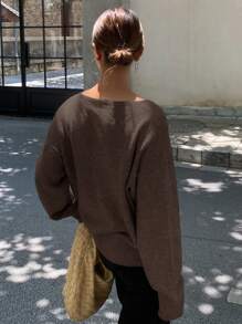 Livesso Áo len chui đầu tay dài cổ chữ V cỡ lớn màu trơn cho nữ, Áo dài tay, Quần áo trở lại trường, Quần áo mùa thu cho nữ - Cà phê nâu - Xem 2