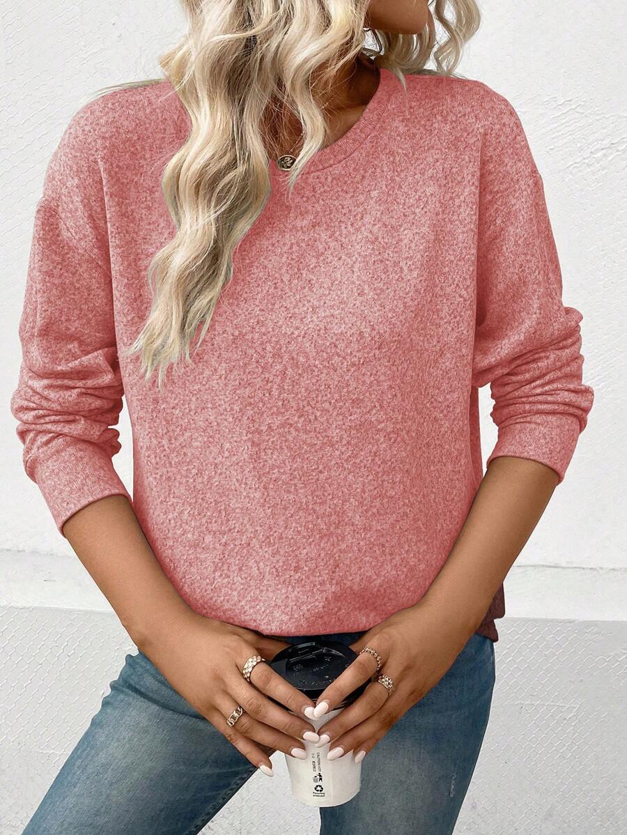 SHEIN LUNE Women's Solid Color Crew Neck Dropped Shoulder Long Sleeve Loose Casual T-Shirt - Watermelon Pink - View 1
