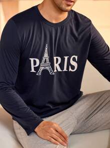 Manfinity Underwear&Sleepwear Basics Men's Letter Printed Round Neck Long Sleeve Casual Loungewear Top