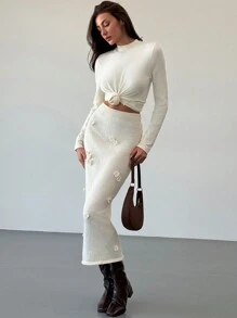 Aloruh Romantic Date Warm Apricot Mid-Length 3D Floral Ladies Sweater Skirt - Beige - View 7