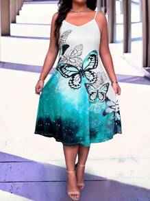 SHEIN LUNE Plus Size Women's Spaghetti Strap Butterfly Print Fitted Knit Dress - Multicolor - View 6