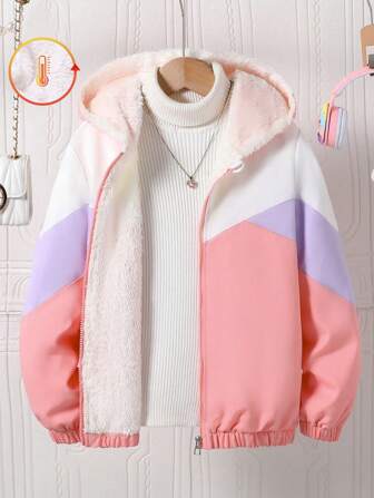 Tween Girl Casual Contrast Color Splicing Hooded Jacket, Autumn/Winter