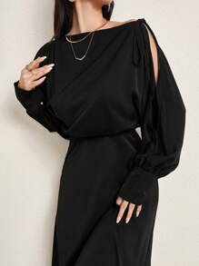 Modelyn Vestido casual de unicolor con cuello asimétrico para mujer, otoño