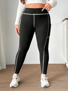 SHEIN EZwear Leggings sencillos de diario de talla grande con rayas de color contrastante