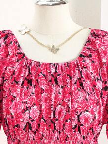 Vestido de manga larga con cuello redondo y volantes con estampado floral para niñas adolescentes - Multicolor - Ver 4