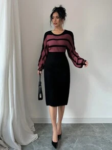 Calvaya Elegante gebreide damesjurk met ronde hals, lange mouwen, strepen, verlaagde schouders en casual stijl voor de herfst