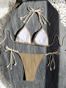 SHEIN Swim Women's Summer Beach Colorblock Halter Neck Tie Sexy Bikini Set - Khaki - View 2