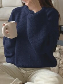 DAZY 休闲纯色落肩超大毛衣，秋冬，长袖上衣，秋季女装 - 藏蓝色 - 查看 4