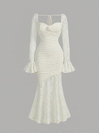 SHEIN MOD فستان مطبوع بأزهار نسائي مقاسات كبيرة برقبة رومانسية وأكمام تريكو مخطط، فستان ذو ذيل سمكة ضيق، ملابس نسائية خريفية، فستان من قماش جاكار، فستان كريمي، فستان رسمي طويل، فستان ضيف حفل زفاف خريفي، فستان أنيق، فستان فضفاض ، فستان ليلة المواعدة