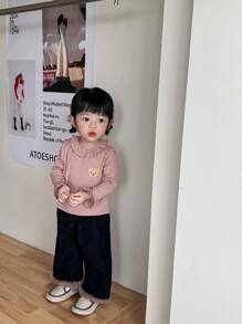 SHEIN 3 pièces Ensemble de hauts à manches longues avec col montant et broderie, style décontracté pour nouveau-nés et bébés filles, printemps automne