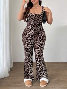SHEIN EZwear Plus Size Elastic Leopard Print Sleeveless Jumpsuit - Multicolor - View 4