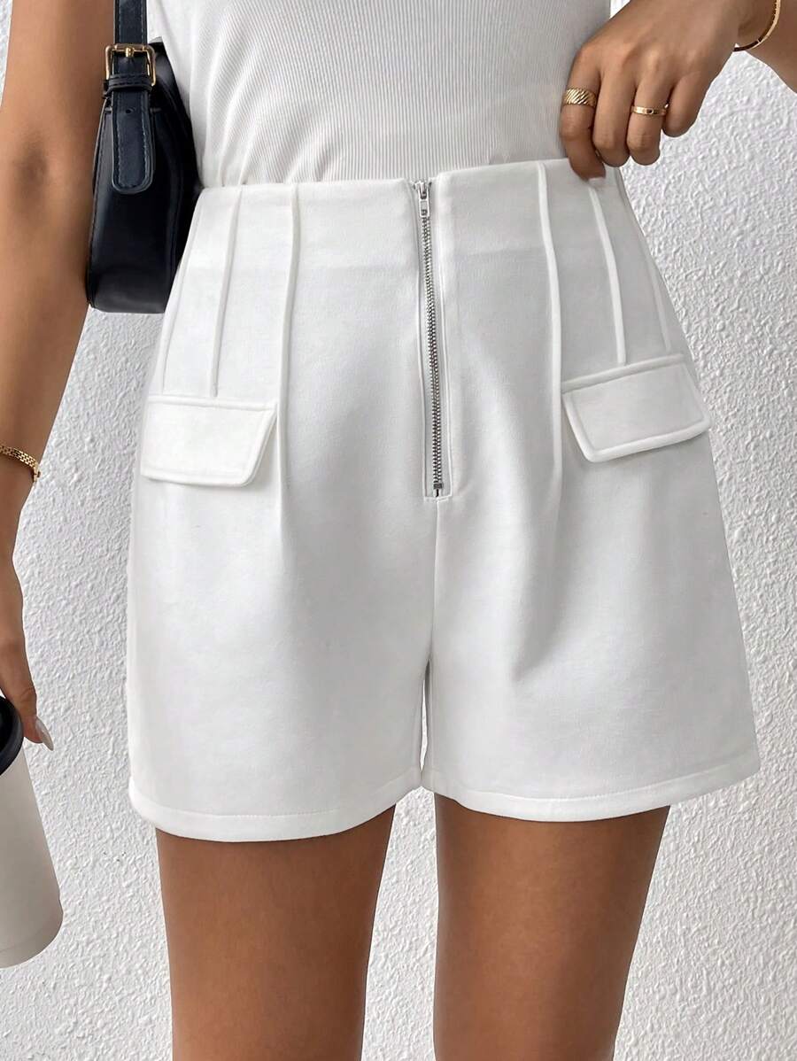 Chiquease Women's Plain Simple Casual Zipper Shorts - White - View 1
