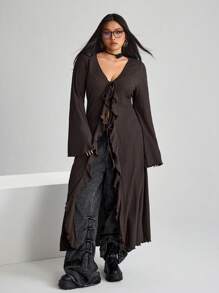 SHEIN ICON Blusa de punto con cuello en V, mangas de campana y detalle de lazo en la parte delantera, para mujer talla grande de la marca ICON - Marrón - Ver 4