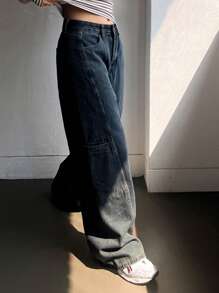 DAZY Dames effen zakje casual losse rechte pijp jeans