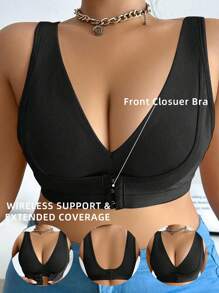 Plus Size Black Front Closure Bra Wireless Support Full Coverage Casual Comfy - Black - View 1