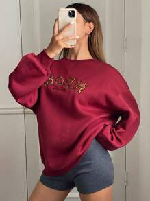 DAZY Women's Loose Fit Letter Embroidered Crew Neck Sweatshirt,Fall Women Clothes - Red - View 8