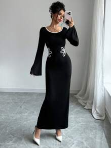 Firerie Women's Contrast Color Block Long Sleeve Dress, Color Blocking Trim - Black and White - View 1