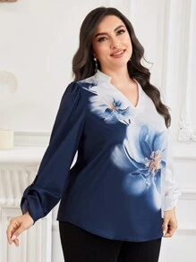 Lacomfia Camisa de manga larga con estampado floral para mujeres de talla grande