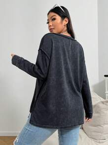 SHEIN EZwear Camiseta de manga larga de corte holgado, tejida, desgastada con efecto de lavado ácido, de aspecto vintage, para tallas grandes