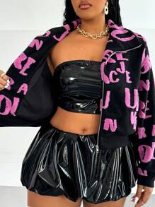 Maweii Áo khoác ngắn tay dài in chữ cỡ lớn cho nữ, mùa thu đông - màu đen - Xem 8