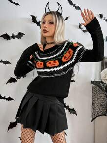 Chiquease Suéter de cuello redondo de manga larga con estampado de calabaza para mujer, jersey de punto de otoño e invierno - Multicolor - Ver 3