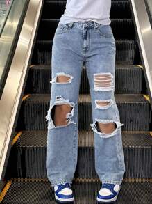 Women's Light-Colored Distressed Straight-Leg Jeans - Light Wash - View 6