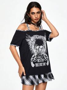 ROMWE Camiseta holgada para mujer de 2 en 1 con estampado de calavera y letras fuera del hombro
