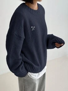 DAZY Round Neck Casual Long Sleeve Sweater With Butterfly Embroidery,Fall Women Clothes - Navy Blue - View 4