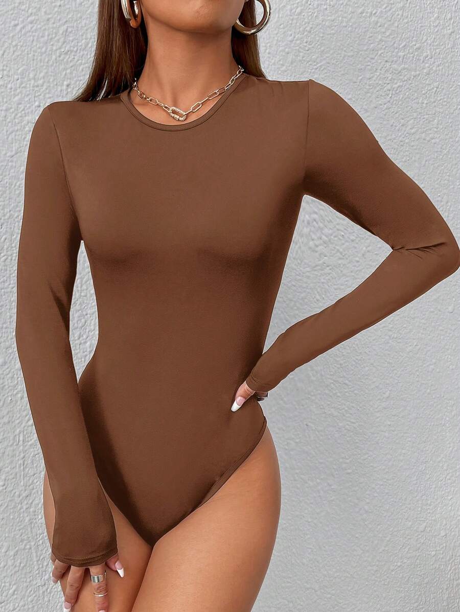 SHEIN PETITE Body ajustado y sólido para mujer de primavera - Marrón - Ver 1