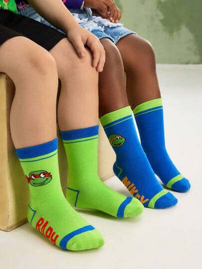 TEENAGE MUTANT NINJA TURTLES | SHEIN 2pairs Kids Cartoon & Letter Print Contrast Color Long Socks