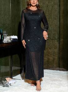 SHEIN Privé Plus Size Rhinestone Embellished Long Sleeve Mermaid Dress For Party, Autumn Winter - Black - View 4
