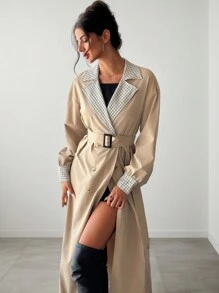 SHEIN Privé 1 件优雅格子印花腰带设计长袖双排扣风衣，秋冬款 - 卡其色 - 查看 8