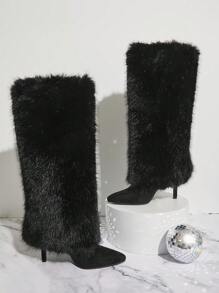 SHUZIA Women's Pointy Toe High Heel Fluffy Fur Knee High Boots Holiday Vacay Vibe For And Summer Shoes Spring Shoes Spring Break Easter - Black - View 4