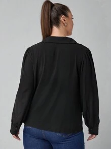 SHEIN Clasi 大码女式纯色简约日常穿着优雅 V 领长袖衬衫 - 黑色 - 查看 5
