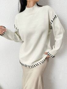 Mulvari Women Contrast Color Crew Neck Long Sleeve Casual Sweater - Apricot - View 3