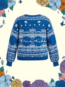 Frida Kahlo X SHEIN Suéter de punto clásico azul de cuello redondo suelto y suave en talla grande - Azul - Ver 9