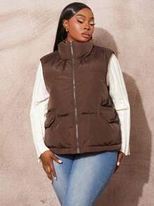 SHEIN SXY Plus Size Stand Collar Padded Vest In Solid Color, Casual Autumn/Winter - Coffee Brown - View 4