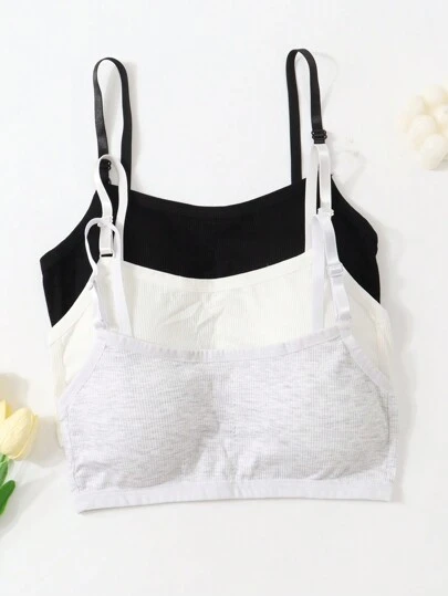Sparklyn 3pcs/Set Teenage Girls Minimalist Fashion White, Skin Color, Black Camisole Bra Set