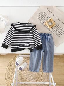 Baby Girl Autumn Winter Outfit, Includes Striped Sweatshirt And Loose Fit Ruffle Trim Denim Pants, Casual Fashion Set