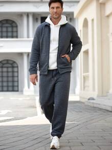 Manfinity Homme 2件套男士休闲拉链连帽衫和抽绳腰带运动裤套装 - 深灰色 - 查看 4