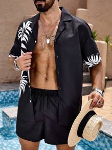 Surfspeed Men Tropical Print Shirt & Drawstring Waist Shorts - Black - View 5