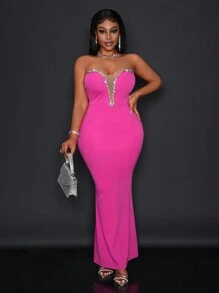 Slaydiva 新款优雅派对性感约会裹胸无袖钻石链装饰前中网眼镂空拼接后中高开叉修身长裙玫粉色针织女式高腰连衣裙-G