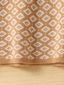 SHEIN Váy Jacquard in họa tiết toàn thân phong cách quốc gia cho bé gái có cổ bồng bềnh, váy dài tay dệt kim mềm mại thích hợp mặc hàng ngày - Màu be - Xem 5
