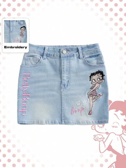 Betty Boop | ROMWE تنورة جينز للنساء مطرزة بشخصية كرتونية ونجمة نمط للمدرسة