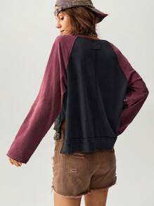 Bohemela Lässige Loose Bluse für Frauen mit V-Ausschnitt, Farbblock-Raglanärmeln und Langarm