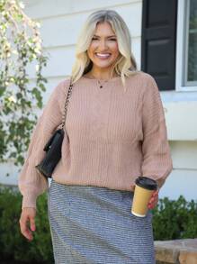 SHEIN LUNE Plus Size Women Solid Loose Drop Shoulder Sleeve Pink Sweater , Business Casual , Holiday, Country Top - Dusty Pink - View 1