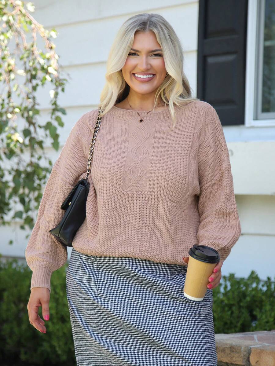SHEIN LUNE Plus Size Women Solid Loose Drop Shoulder Sleeve Pink Sweater , Business Casual , Holiday, Country Top - Dusty Pink - View 1