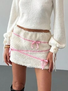 Aloruh Cute Blush Pink Bow Mini Skirt, Warm Autumn Winter For Women - Beige - View 3