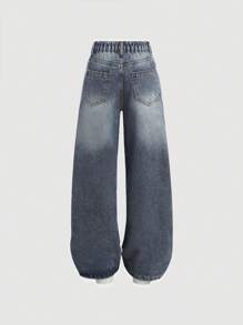 SHEIN Tween Girl Y2k Retro Washed Casual Retro Nostalgic Street Baggy Soft Thermal Lined Wide Leg Jeans For Girls Autumn/Winter Outfits - Medium Wash - View 2